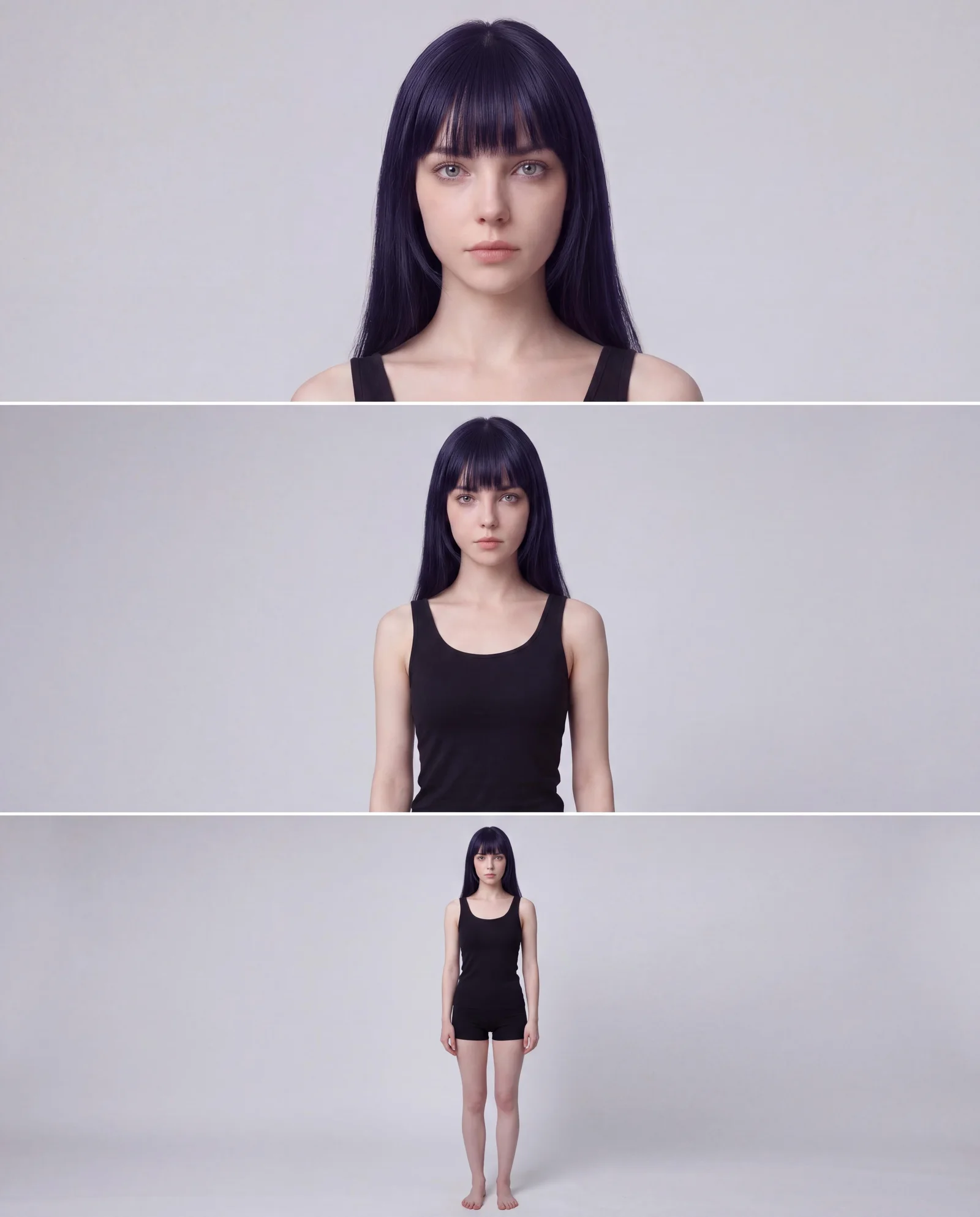 Identity reference plate: the same model as a face crop, a bust crop and a full-length frame, showing the identity holds across scales