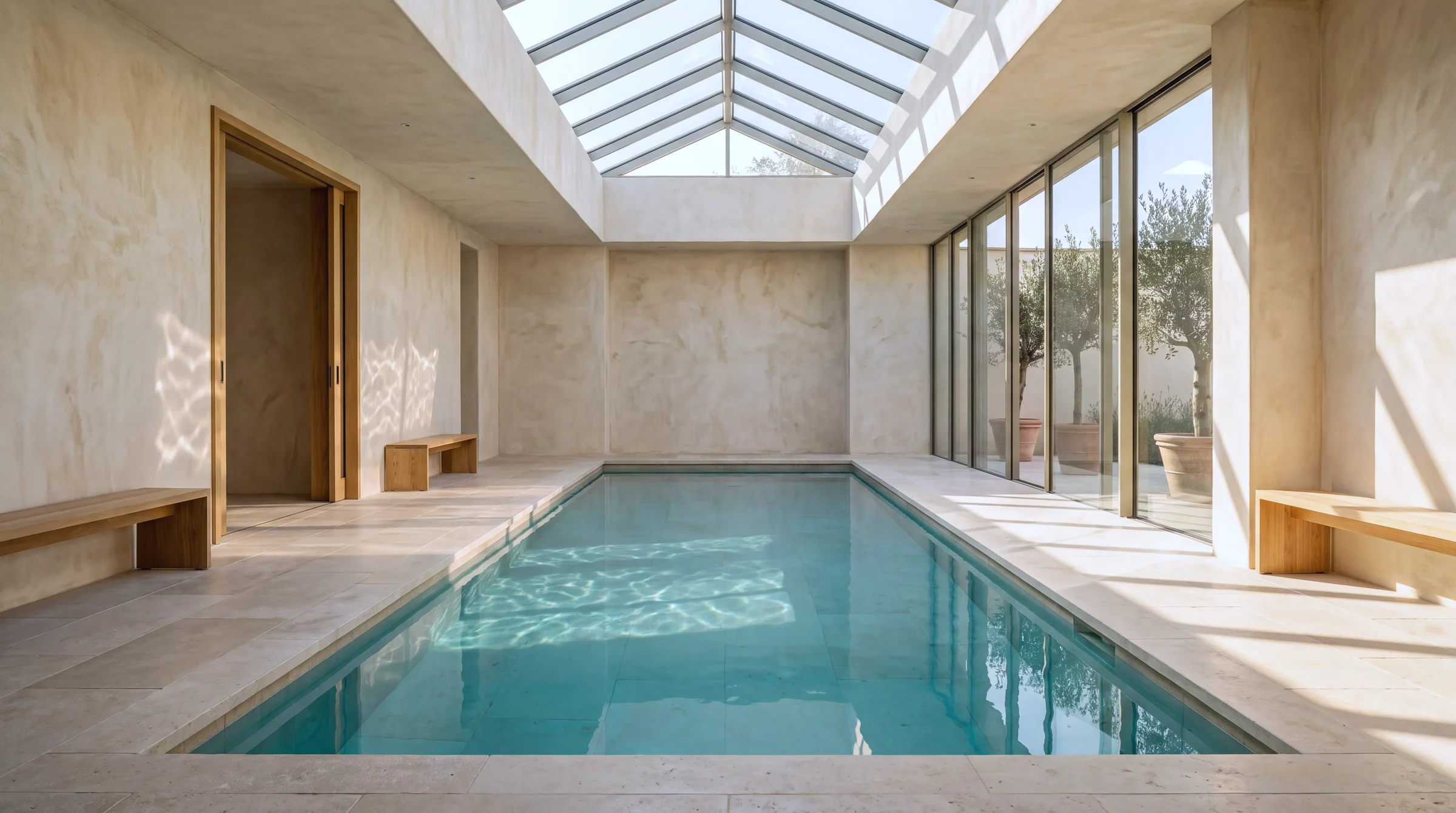 Location reference plate: the empty pool room, showing the architecture and daylight held across the campaign