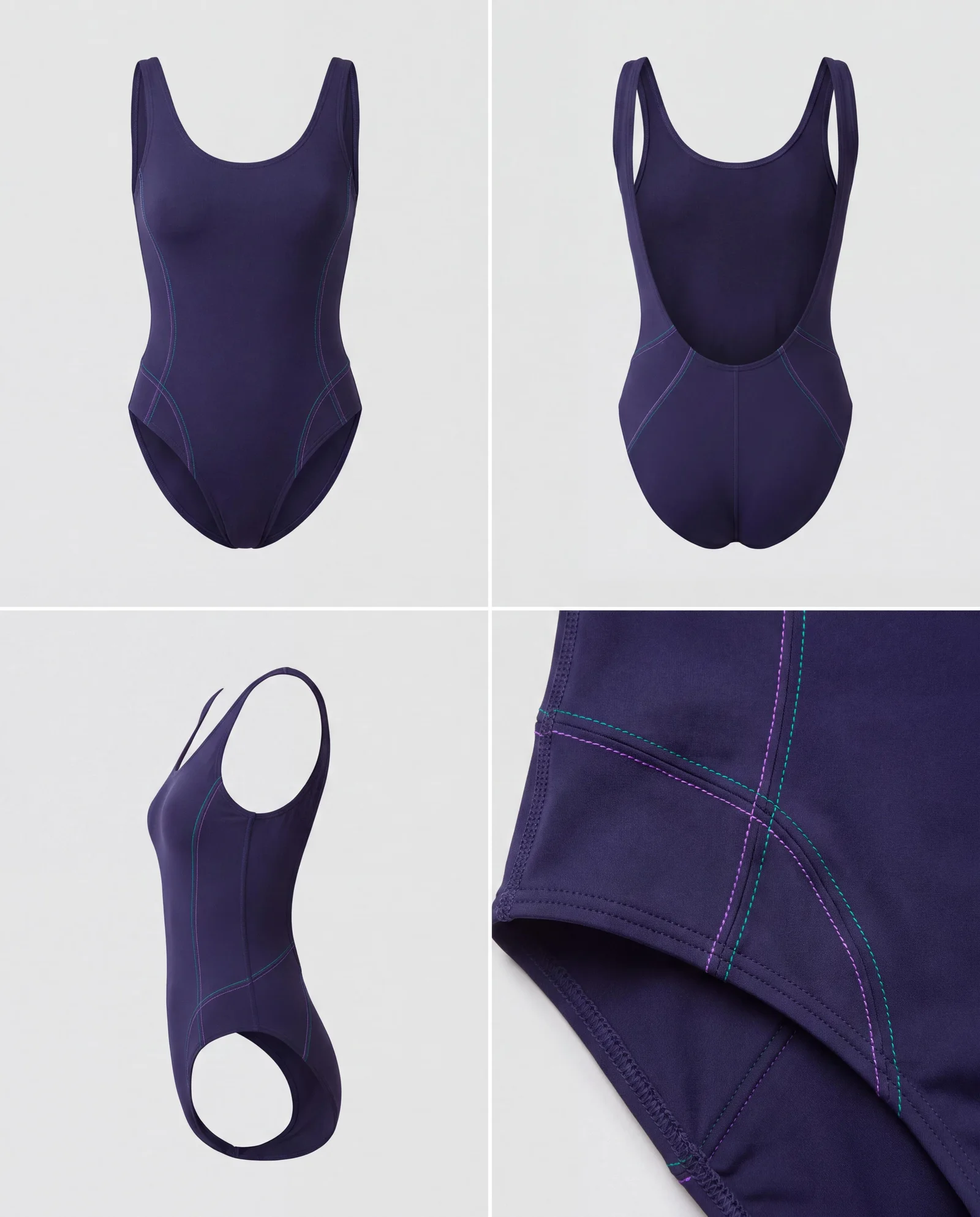 Product reference plate: the swimsuit shown front, back, side and as a macro of the contrast stitching
