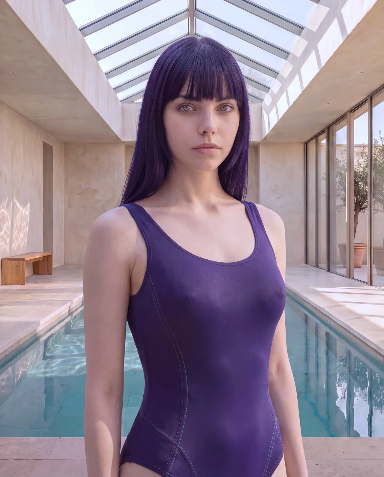 Close-up of the same swimsuit worn, showing the neckline and contrast stitching